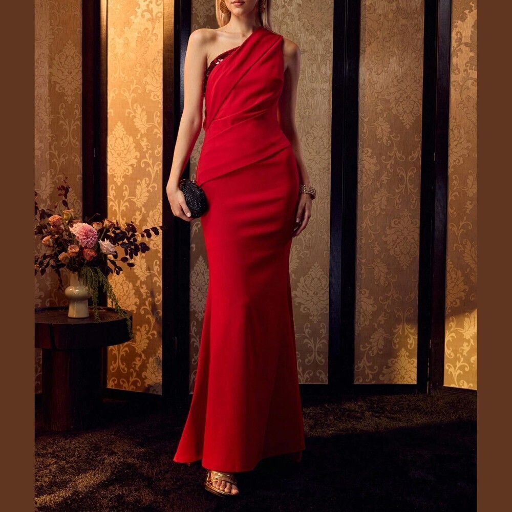 Red Asymmetrical Neck Draped Sequin Trim Mermaid Maxi Gown Dress